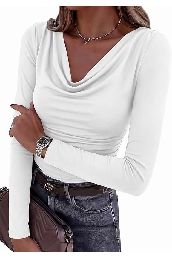 Women's Long Sleeve Shirts Fall Outfits Cowl Neck Ruched Slim Fitted Going Out Tops Y2K Fashion Clothing