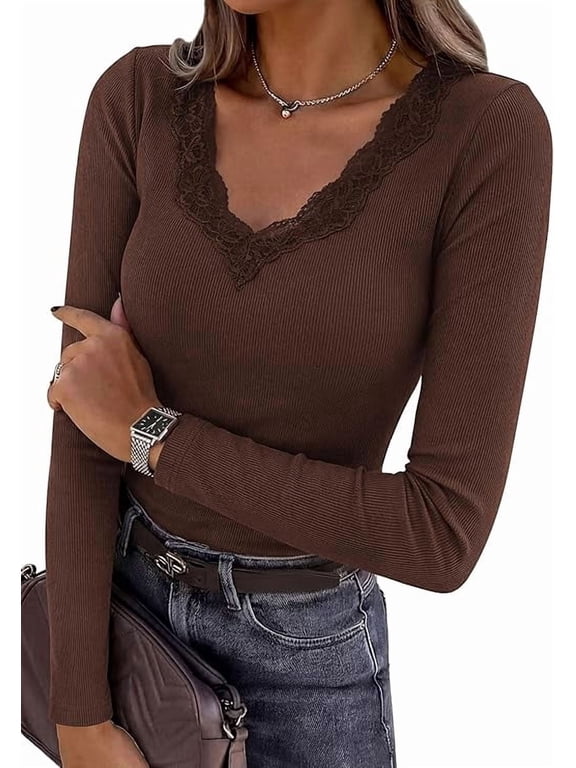 Women's Long Sleeve Shirts Lace Trim V Neck Ribbed Slim Fitted Basic Tees Y2K Going Out Tops Fall Clothes