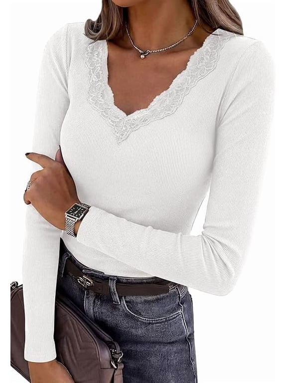 Women's Long Sleeve Shirts Lace Trim V Neck Ribbed Slim Fitted Basic Tees Y2K Going Out Tops Fall Clothes