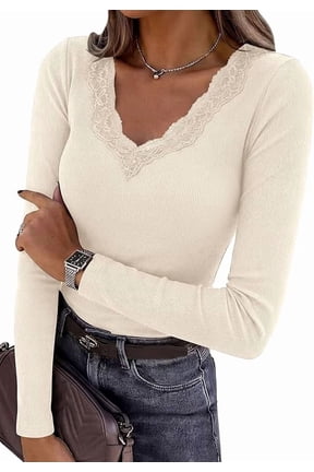 Women's Long Sleeve Shirts Lace Trim V Neck Ribbed Slim Fitted Basic Tees Y2K Going Out Tops Fall Clothes