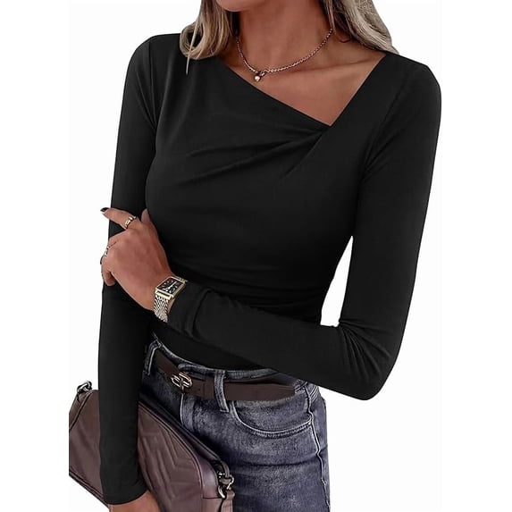 PRETTYGARDEN Women's Long Sleeve T Shirts Asymmetrical Y2K Slim Fitted Going Out Trendy Tops Early Fall Fashion Clothing
