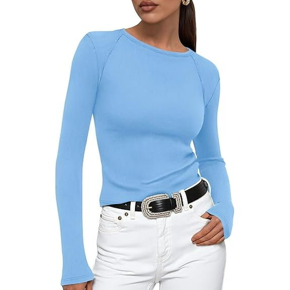 PRETTYGARDEN Women's Long Sleeve T Shirts Fall Clothes Casual Crewneck Ribbed Knit Slim Fitted Basic Going Out Tee Tops