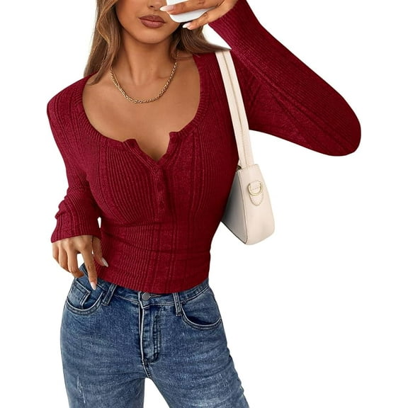 PRETTYGARDEN Women's Long Sleeve Tops Fall Fashion Henley Shirts Slim Fitted Ribbed Knit Tees Blouses Going Out Outfits