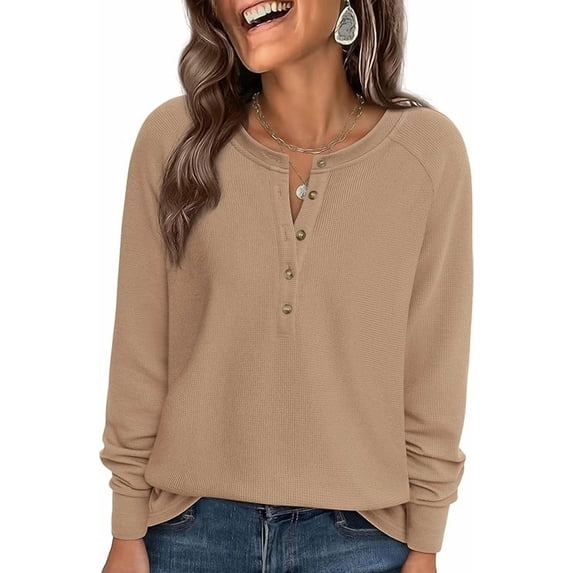 PRETTYGARDEN Women's Long Sleeve Waffle Knit Shirts Fall Casual Button Up Henley V Neck Tunic Tops Loose Fit Basic Tees