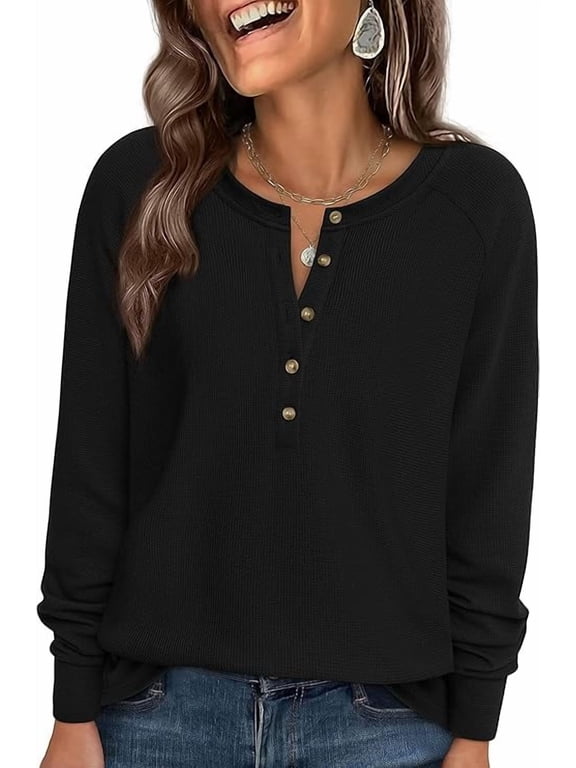 Women's Long Sleeve Waffle Knit Shirts Fall Casual Button Up Henley V Neck Tunic Tops Loose Fit Basic Tees