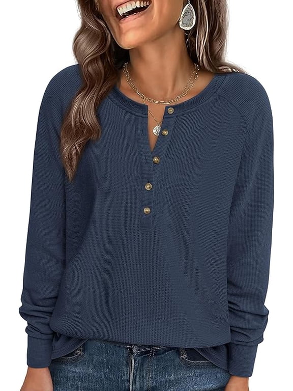 Women's Long Sleeve Waffle Knit Shirts Fall Casual Button Up Henley V Neck Tunic Tops Loose Fit Basic Tees