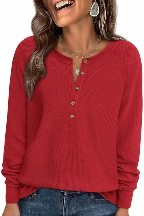 Women's Long Sleeve Waffle Knit Shirts Fall Casual Button Up Henley V Neck Tunic Tops Loose Fit Basic Tees