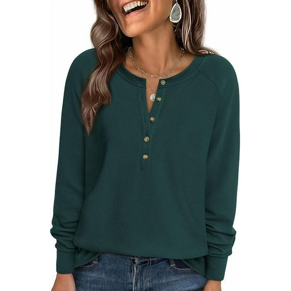 PRETTYGARDEN Women's Long Sleeve Waffle Knit Shirts Fall Casual Button Up Henley V Neck Tunic Tops Loose Fit Basic Tees
