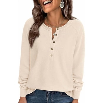 PRETTYGARDEN Women's Long Sleeve Waffle Knit Shirts Fall Casual Button Up Henley V Neck Tunic Tops Loose Fit Basic Tees