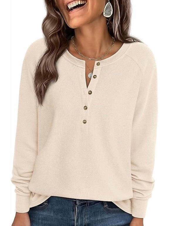 Women's Long Sleeve Waffle Knit Shirts Fall Casual Button Up Henley V Neck Tunic Tops Loose Fit Basic Tees