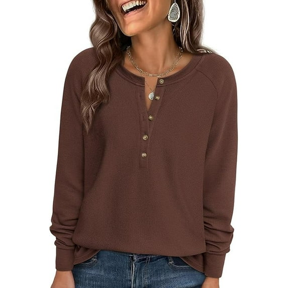 PRETTYGARDEN Women's Long Sleeve Waffle Knit Shirts Fall Casual Button Up Henley V Neck Tunic Tops Loose Fit Basic Tees
