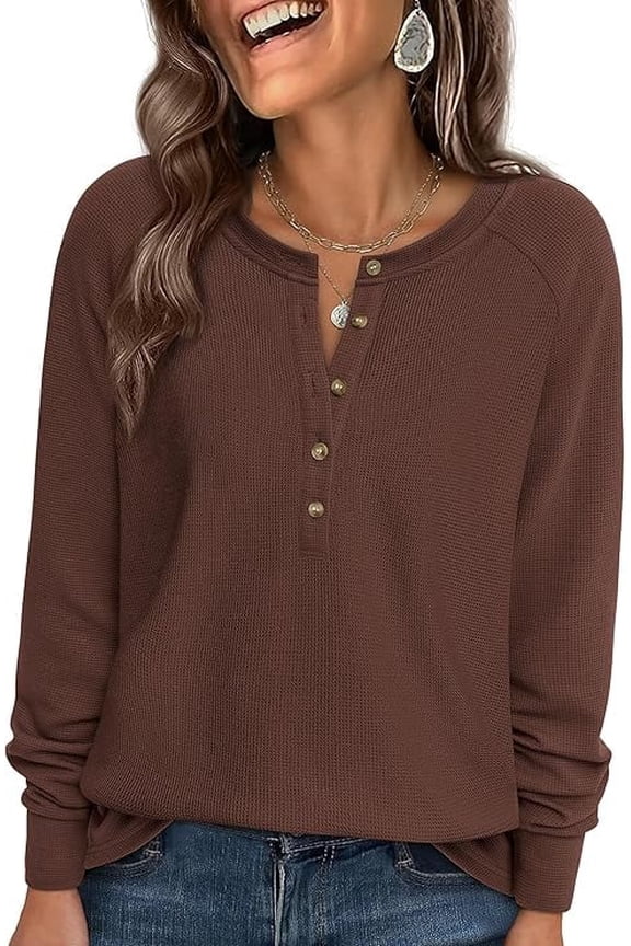 Women's Long Sleeve Waffle Knit Shirts Fall Casual Button Up Henley V Neck Tunic Tops Loose Fit Basic Tees
