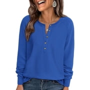 PRETTYGARDEN Women's Long Sleeve Waffle Knit Shirts Fall Casual Button Up Henley V Neck Tunic Tops Loose Fit Basic Tees