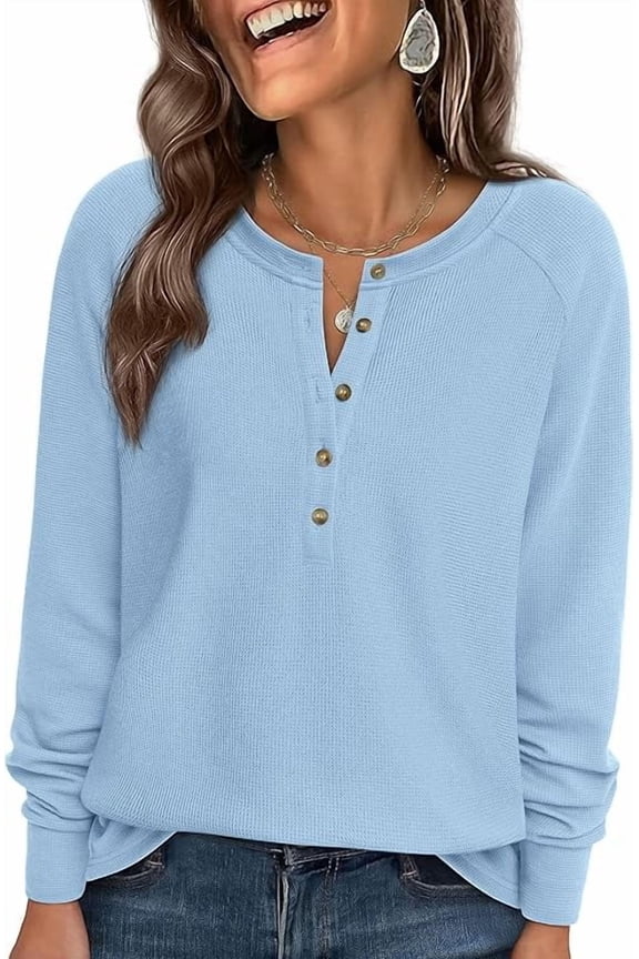 Women's Long Sleeve Waffle Knit Shirts Fall Casual Button Up Henley V Neck Tunic Tops Loose Fit Basic Tees