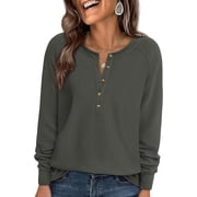 PRETTYGARDEN Women's Long Sleeve Waffle Knit Shirts Fall Casual Button Up Henley V Neck Tunic Tops Loose Fit Basic Tees