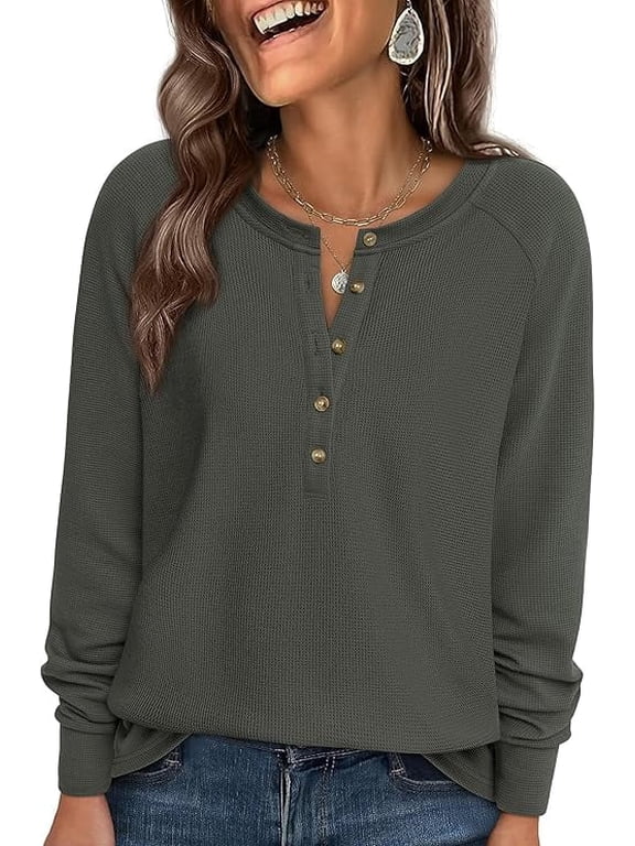 Women's Long Sleeve Waffle Knit Shirts Fall Casual Button Up Henley V Neck Tunic Tops Loose Fit Basic Tees