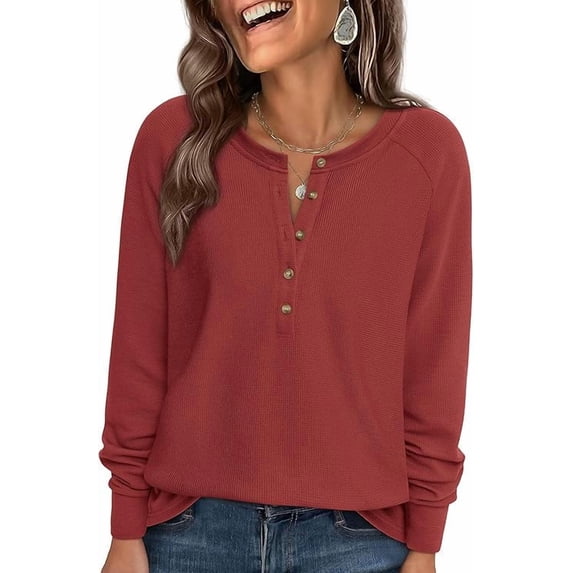 PRETTYGARDEN Women's Long Sleeve Waffle Knit Shirts Fall Casual Button Up Henley V Neck Tunic Tops Loose Fit Basic Tees