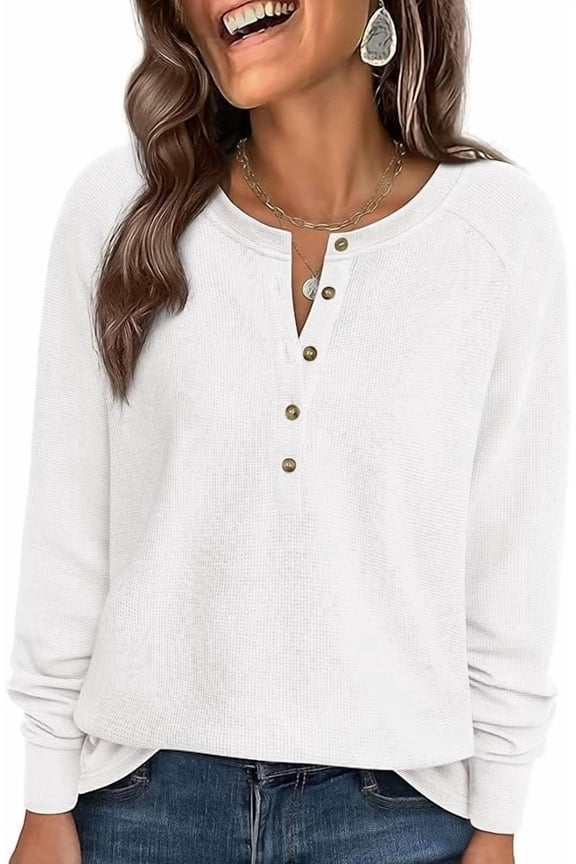 Women's Long Sleeve Waffle Knit Shirts Fall Casual Button Up Henley V Neck Tunic Tops Loose Fit Basic Tees