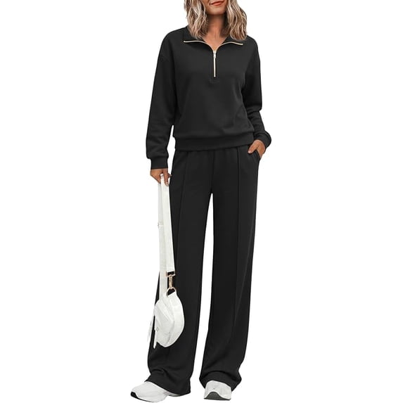 PRETTYGARDEN Women's Lounge Sets 2 Piece Outfits Half Zip Pullover Sweatshirts,Wide Leg Pants Matching Tracksuit Sets