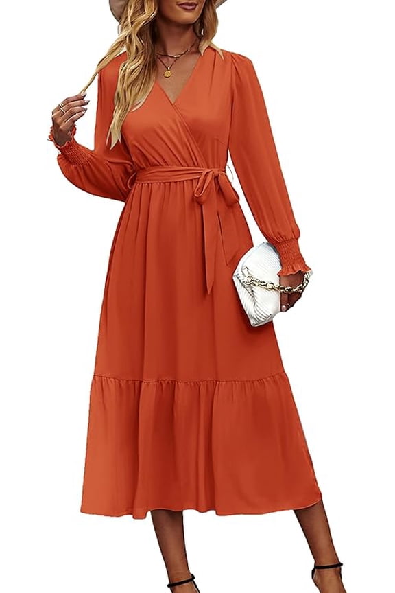 Women's Maxi Dress Fall Long Sleeve Wrap V Neck Ruffle Flowy Belted Spring Wedding Guest Vacation
