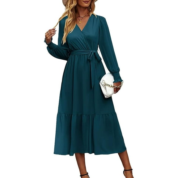 PRETTYGARDEN Women's Maxi Dress Fall Long Sleeve Wrap V Neck Ruffle Flowy Belted Spring Wedding Guest Vacation