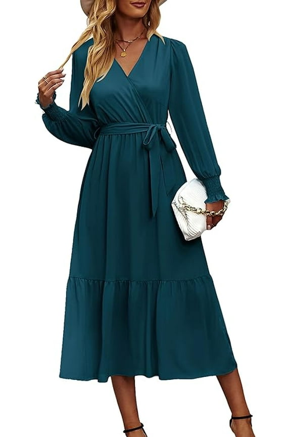 Women's Maxi Dress Fall Long Sleeve Wrap V Neck Ruffle Flowy Belted Spring Wedding Guest Vacation