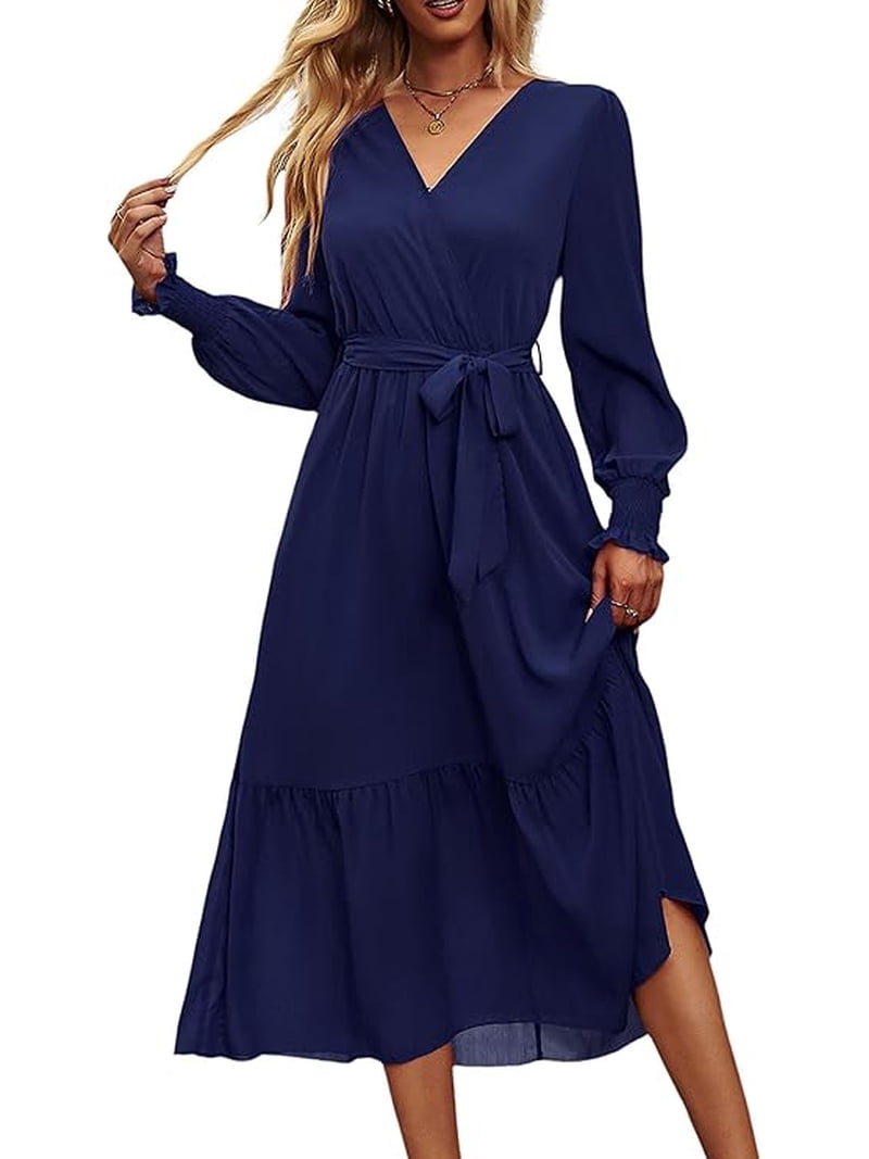 Prettygarden Women's Maxi Dress Fall Long Sleeve Wrap V Neck Ruffle Flowy Belted Spring Wedding Guest Vacation, Size: 2XL, Blue