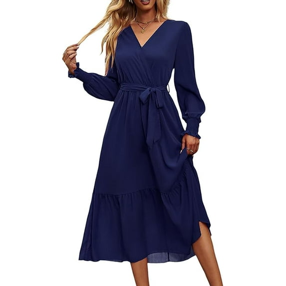 PRETTYGARDEN Women's Maxi Dress Fall Long Sleeve Wrap V Neck Ruffle Flowy Belted Spring Wedding Guest Vacation