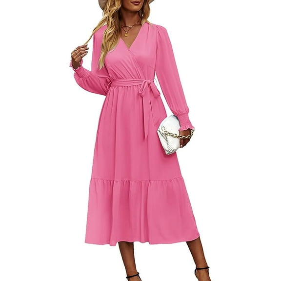 PRETTYGARDEN Women's Maxi Dress Fall Long Sleeve Wrap V Neck Ruffle Flowy Belted Spring Wedding Guest Vacation