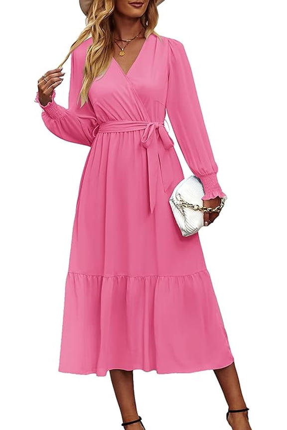 Women's Maxi Dress Fall Long Sleeve Wrap V Neck Ruffle Flowy Belted Spring Wedding Guest Vacation