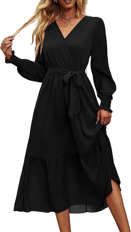 Prettygarden Women's Maxi Dress Fall Long Sleeve Wrap V Neck Ruffle Flowy Belted Spring Wedding Guest Vacation, Size: 2XL, Black