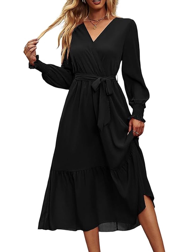 strapless open back dress Women's Cross V-Neck Lapel Solid Color Long Sleeve Pleated Maxi Dress –  elyrafashion.com main image 0