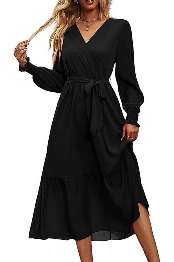 Women's Maxi Dress Fall Long Sleeve Wrap V Neck Ruffle Flowy Belted Spring Wedding Guest Vacation