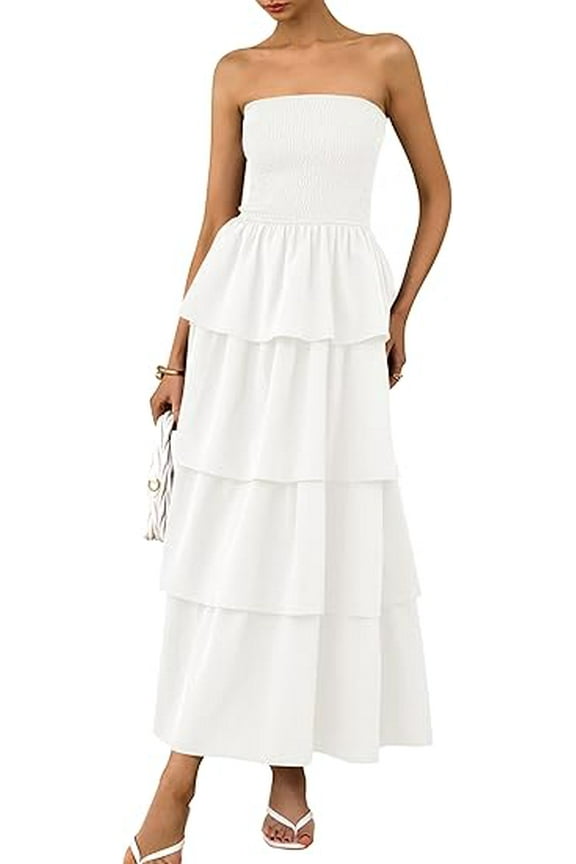 Women's Maxi Dress Summer Off Shoulder Smocked Tiered Ruffle Long Flowy Dresses Casual Beach Sundress