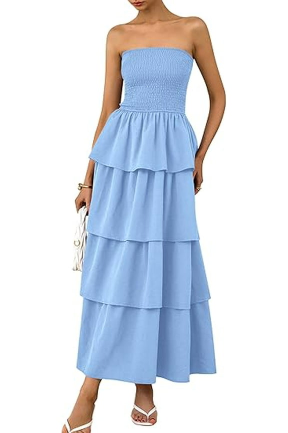 Women's Maxi Dress Summer Off Shoulder Smocked Tiered Ruffle Long Flowy Dresses Casual Beach Sundress