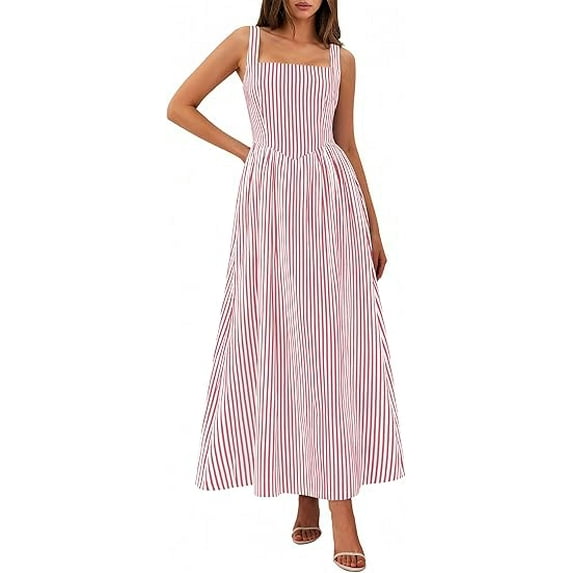 PRETTYGARDEN Women's Maxi Striped Dress Summer Sleeveless Square Neck Smocked A Line Long Flowy Spring Vacation Sundress