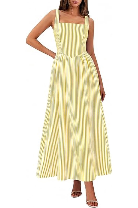 Women's Maxi Striped Dress Summer Sleeveless Square Neck Smocked A Line Long Flowy Spring Vacation Sundress