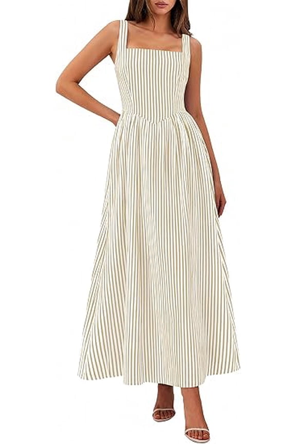 Women's Maxi Striped Dress Summer Sleeveless Square Neck Smocked A Line Long Flowy Spring Vacation Sundress