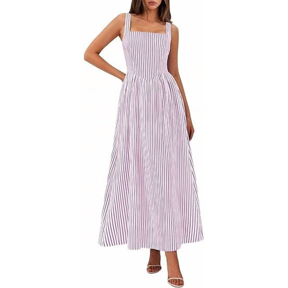 PRETTYGARDEN Women's Maxi Striped Dress Summer Sleeveless Square Neck Smocked A Line Long Flowy Spring Vacation Sundress