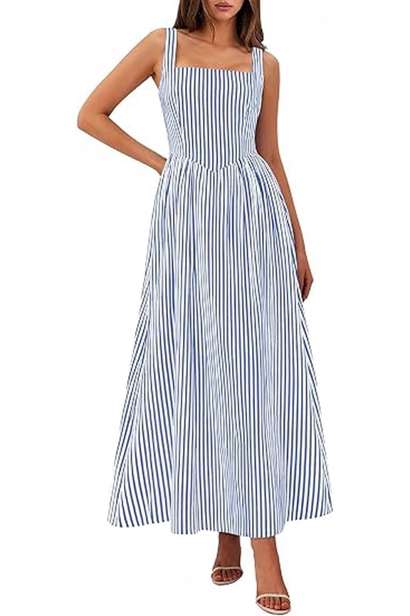 Women's Maxi Striped Dress Summer Sleeveless Square Neck Smocked A Line Long Flowy Spring Vacation Sundress