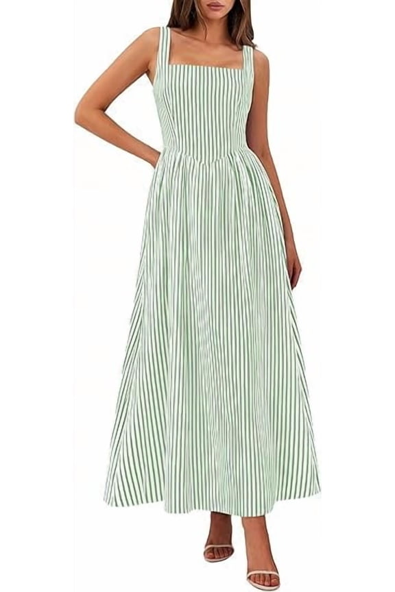 Women's Maxi Striped Dress Summer Sleeveless Square Neck Smocked A Line Long Flowy Spring Vacation Sundress