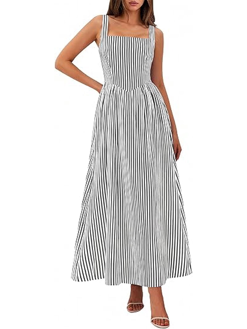 Prettygarden Women's Maxi Striped Dress Summer Sleeveless Square Neck Smocked A Line Long Flowy Spring Vacation Sundress, Size: Medium, Black