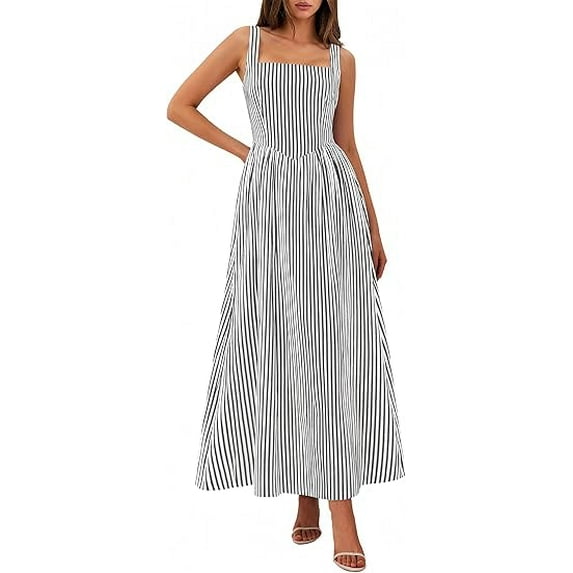 PRETTYGARDEN Women's Maxi Striped Dress Summer Sleeveless Square Neck Smocked A Line Long Flowy Spring Vacation Sundress