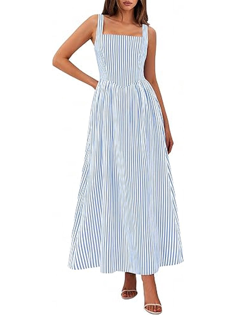 Prettygarden Women's Maxi Striped Dress Summer Sleeveless Square Neck Smocked A Line Long Flowy Spring Vacation Sundress, Size: XL, Blue