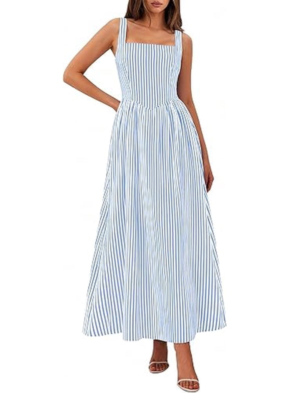 Women's Maxi Striped Dress Summer Sleeveless Square Neck Smocked A Line Long Flowy Spring Vacation Sundress