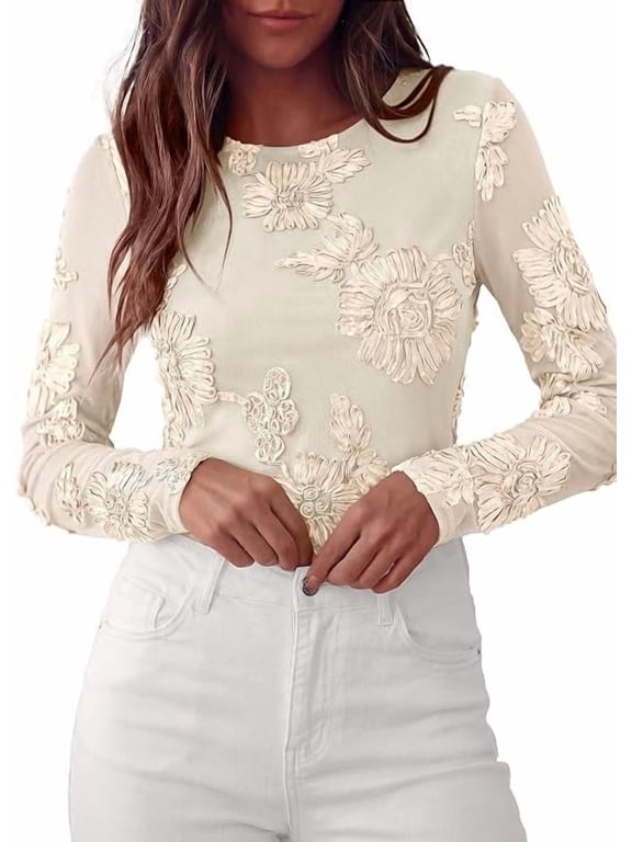 Women's Mesh Long Sleeve Embroidered Floral Tops Fall Blouses,Slim Fitted, 3D Flower, Double Lined, Dressy Casual Spring Shirts, Going Out Holiday Party Outfits, Trendy Travel Clothes