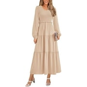 PRETTYGARDEN Women's Midi Dresses Spring Long Sleeve V Neck Tiered Smocked A Line Long Flowy Dress
