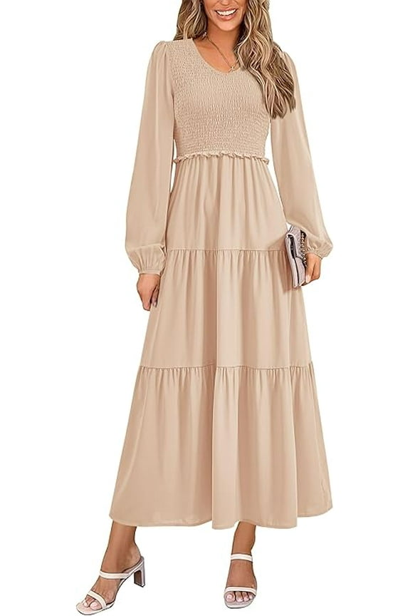 Women's Midi Dresses Spring Long Sleeve V Neck Tiered Smocked A Line Long Flowy Dress