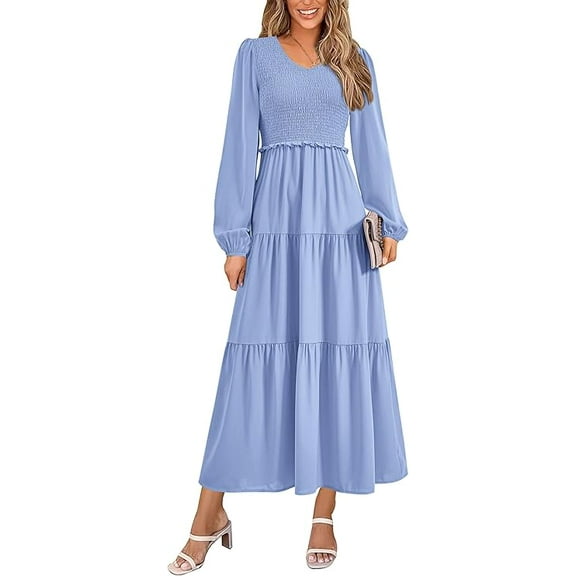 PRETTYGARDEN Women's Midi Dresses Spring Long Sleeve V Neck Tiered Smocked A Line Long Flowy Dress