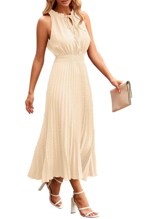 Women's Midi Summer Dresses Casual V Neck Swiss Dot Ruffle Sleeveless A Line Beach Sun Dress